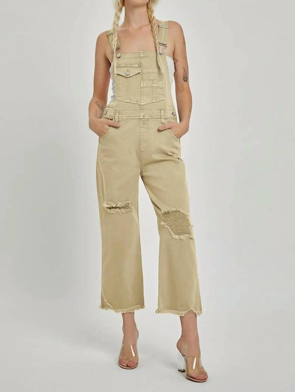 NEW RISEN high rise distressed denim overalls in beige